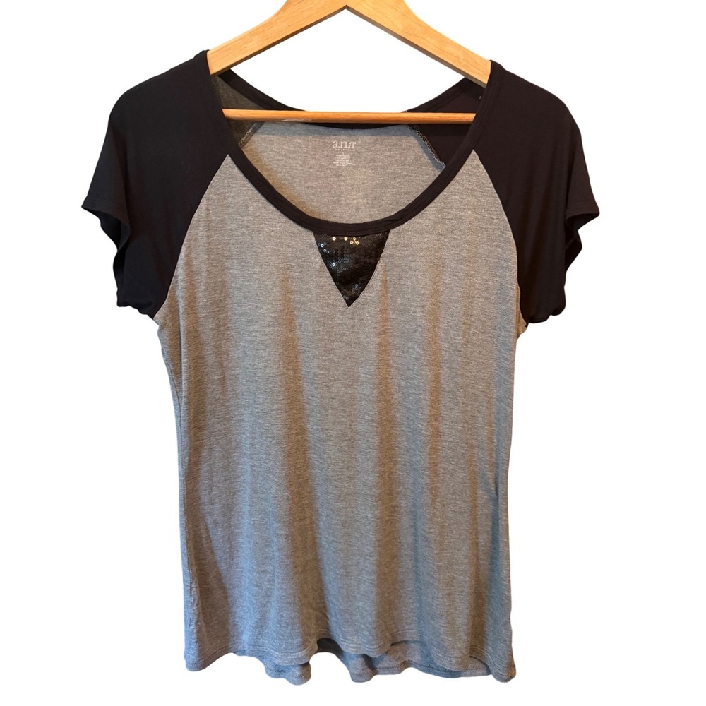 Ana Womens Gray Black Raglan Short Sleeve Sequin Scoop Neck Rayon Top Large